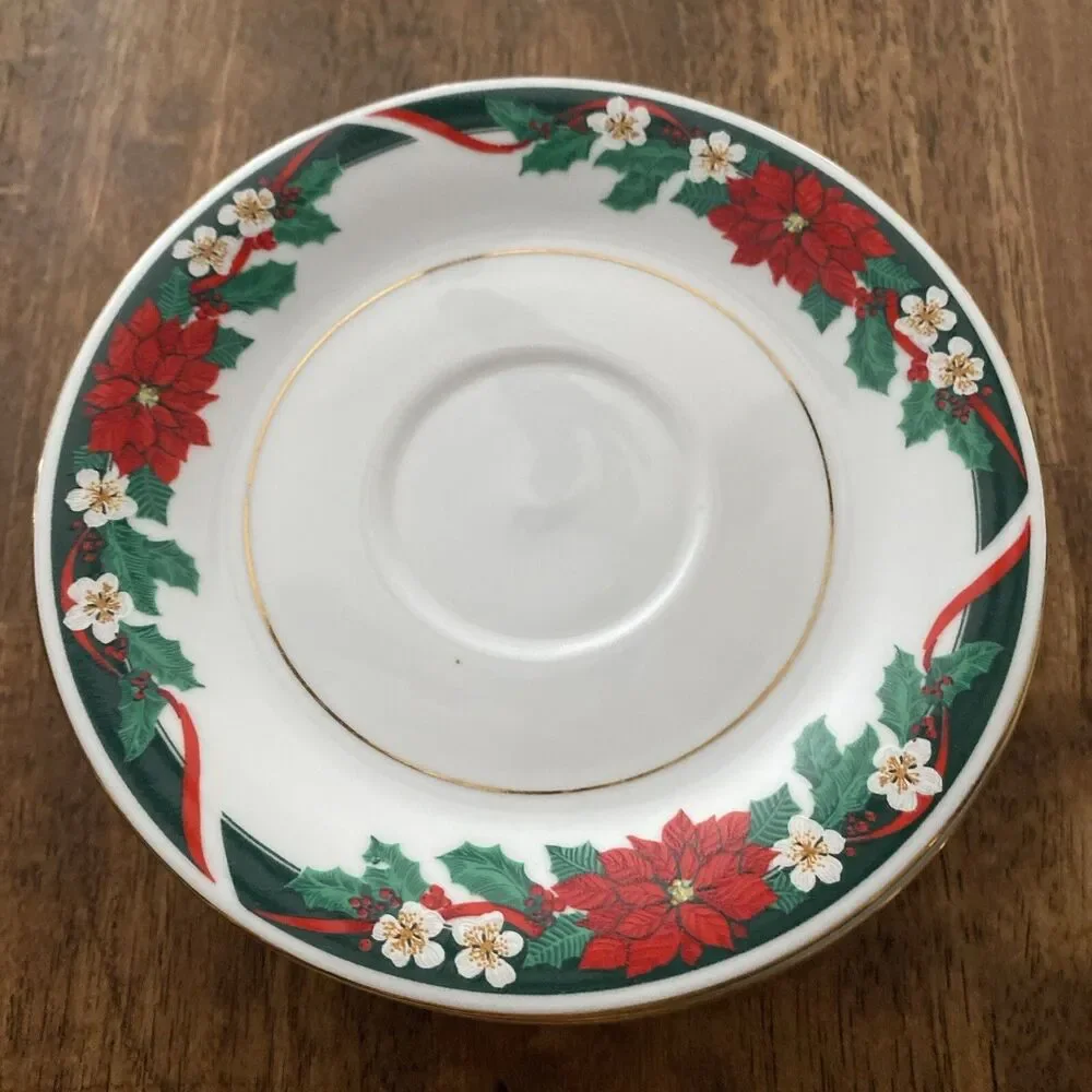 6 Vintage Poinsettia Christmas Saucer Plates Tienshan Fine China Deck Halls 6”